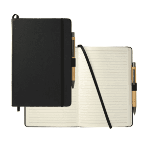 Company swag ideas black cactus leather journal with elastic strap, pen holder, and ribbon bookmark