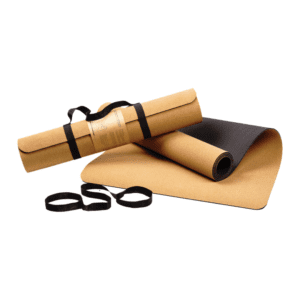 Company swag ideas cork yoga mat with black bottom and elastic carry strap