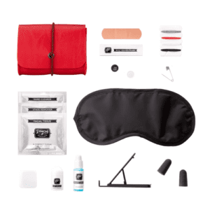 Company swag ideas travel kit with red case - includes eye mask, ear plugs, bandages and more