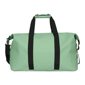 green duffel with short and long black straps