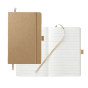 Company swag ideas tan journal with elastic strap, pen holder, and ribbon bookmark