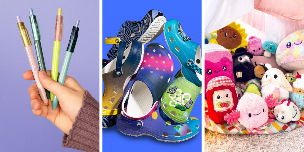 trending swag items including custom numo pens, crocs, and squishables plush