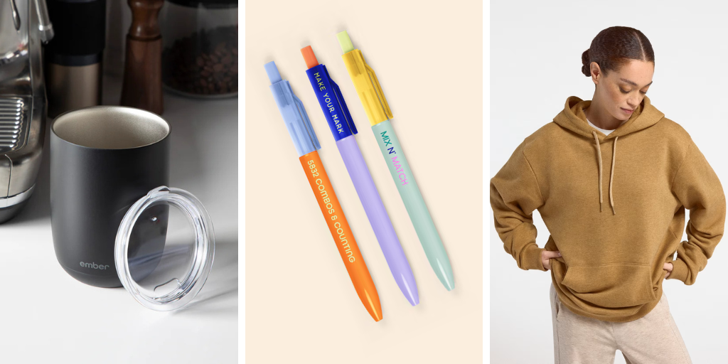 trending swag items including the ember cup, numo mix and match pens, and allbirds heavyweight sweatshirt